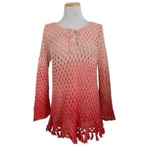 Tommy Bahama Ombré Crochet Tunic Sweater Top Coverup Womens L Beachy Coral Boho